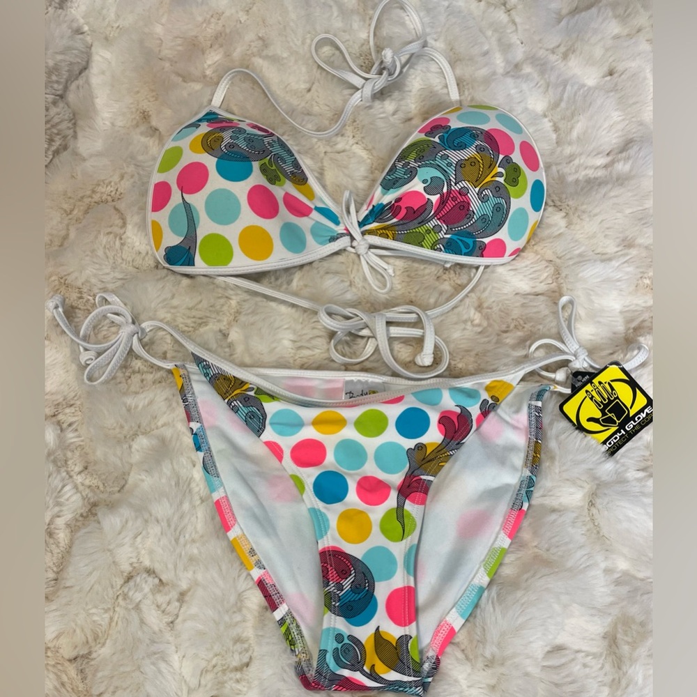 Vintage Body Glove String Bikini Set Neon Dots NEW